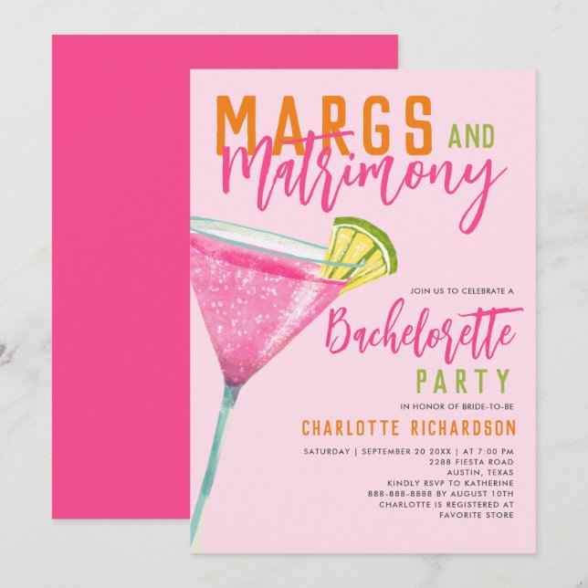 Margs & Matrimony Pink Margarita Bachelorette Bash Einladung (Vorne/Hinten)