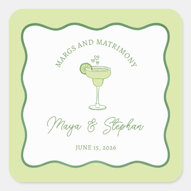 "Margs & Matrimony" Simple Lime Margarita Wedding Quadratischer Aufkleber (Vorderseite)