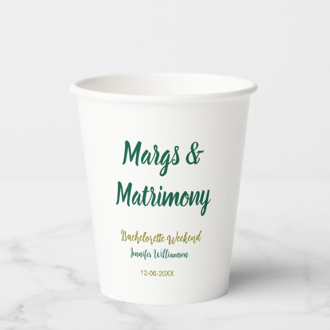 Margs und Ehe Name Datum Junggesellinnenabschied Pappbecher (Vorderseite)