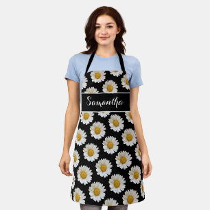 Marguerites blanches sur tablier personnalisé noir