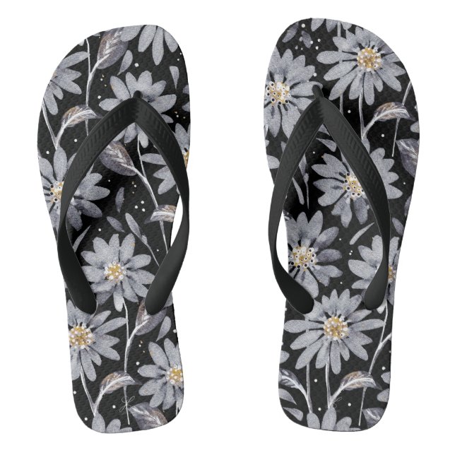 Marguerites d'argent sur tongs floraux noirs (Semelle)