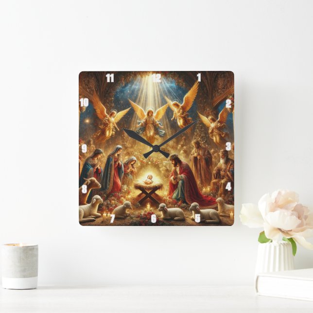 Maria und Joseph pflegen das Baby Jesus Quadratische Wanduhr (Zuhause)