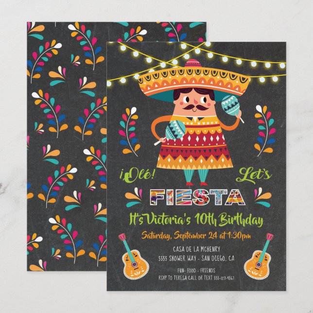 Mariachi Mexcian Fiesta Einladung zur Geburtstagsp (Vorne/Hinten)