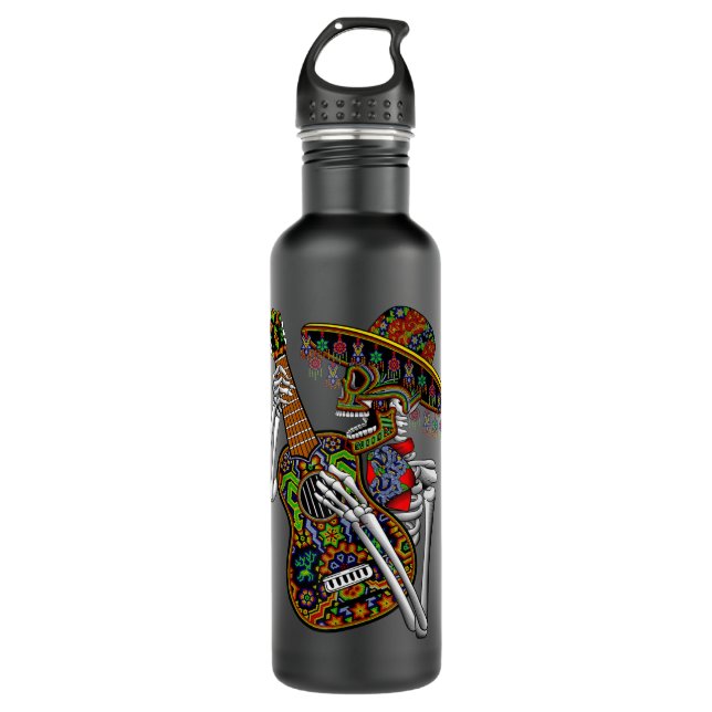 Mariachi Skeleton Gitarrenspiel Tag der Toten Edelstahlflasche (Vorderseite)