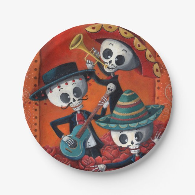 Mariachi-Trio Dia de Los Muertos Skeleton Pappteller (Vorderseite)