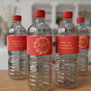 Mariage à eau rouge et or Étiquettes de bouteille
