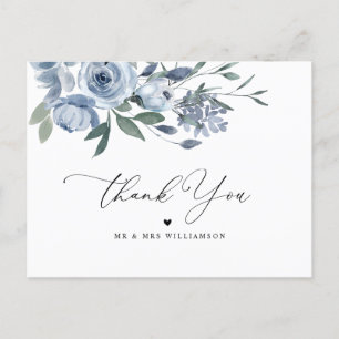 mariage à fleurs bleu poussiéreux carte de remerci