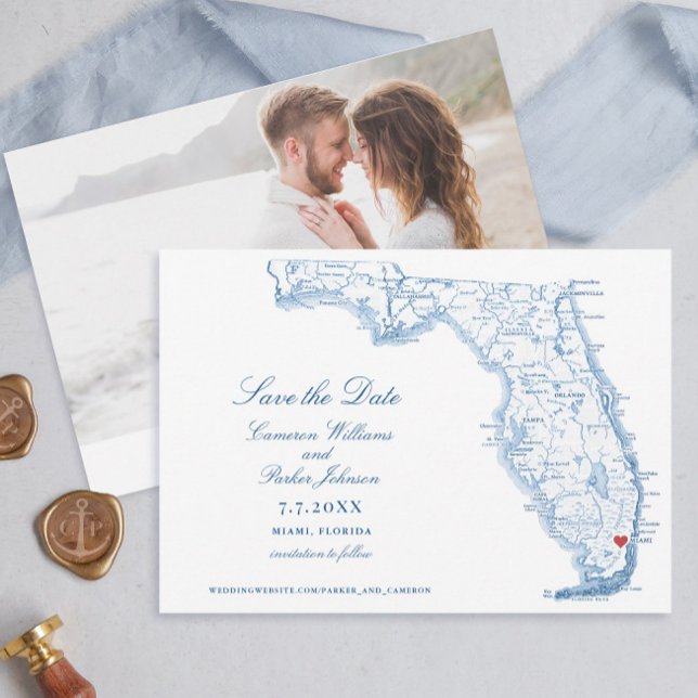 Mariage à Miami Floride Élégant Carte Bleue Marine (Elegant Miami Florida save the date with navy blue map from Coastal Map Designs)