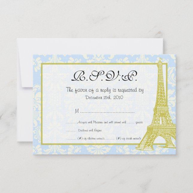 Mariage à Paris Carte RSVP Damask bleu (Devant)