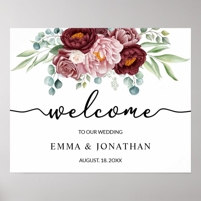 Mariage Affiche de bienvenue Dusty Rose rose flora (Devant)