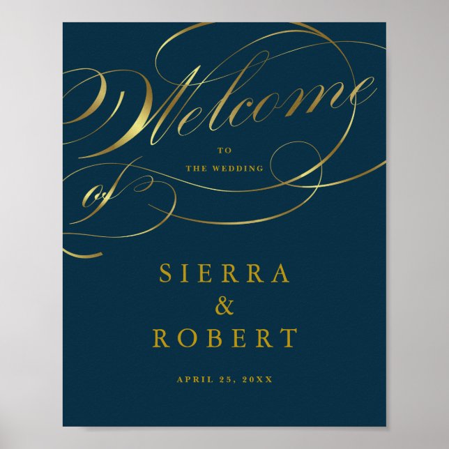 Mariage Affiche de bienvenue Marine Bleu Gold Scri (Devant)