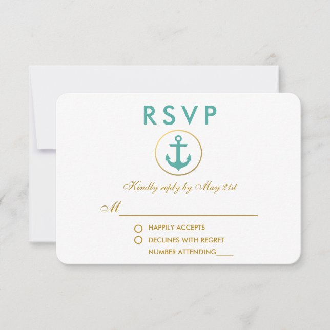 Mariage Ancre nautique Turquoise or RSVP (Devant)