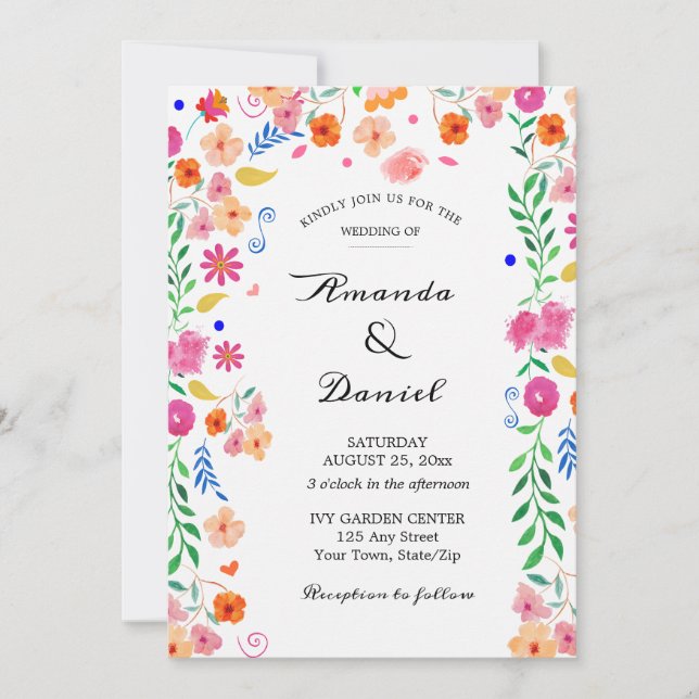 Mariage Aquarelle Folk Floral Garden Invitation (Devant)