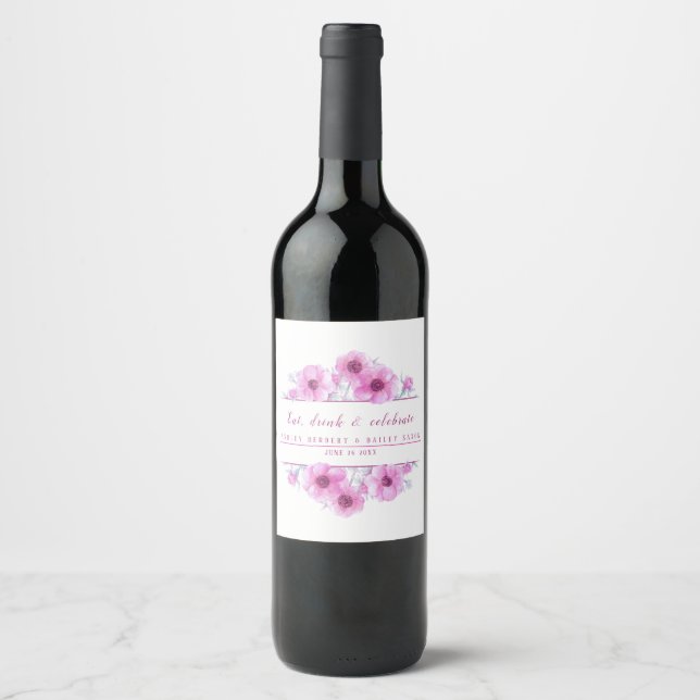 Mariage aquarelle rose fleurs d'anémone étiquette (Devant)