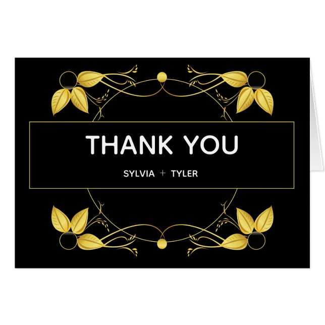 Mariage Art Déco Gold Black Leaf Merci (Devant Horizontal)