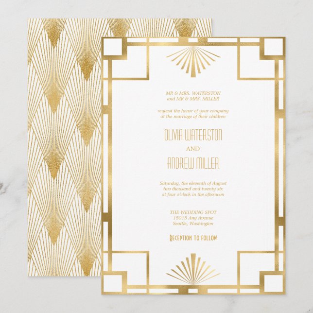 Mariage Art déco | Invitations Gold et White (Devant / Derrière)