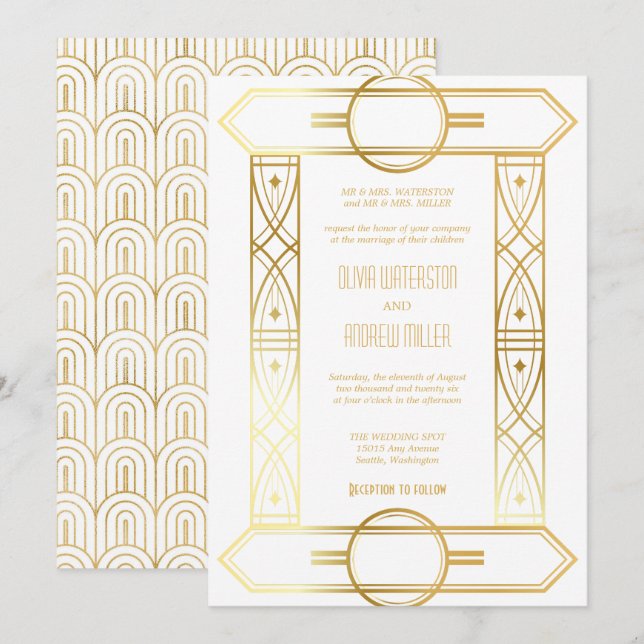 Mariage Art déco | Invitations Gold et White (Devant / Derrière)