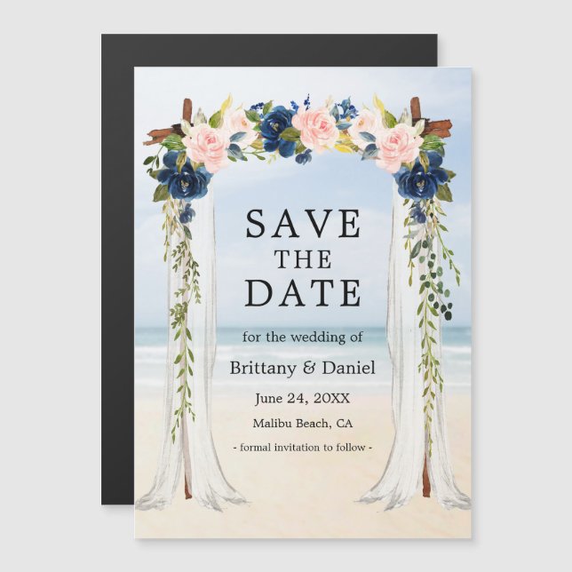 Mariage Beach bleu rose Floral carte magnétique (Devant / Derrière)