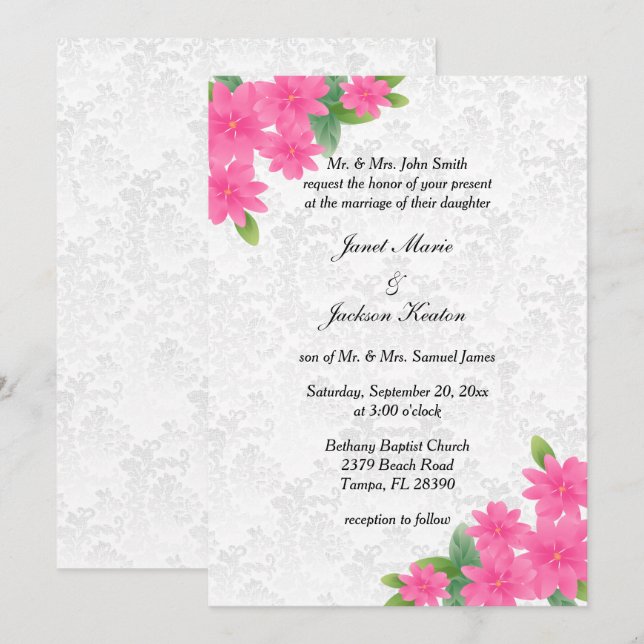Mariage blanc et Invitation florale rose (Devant / Derrière)