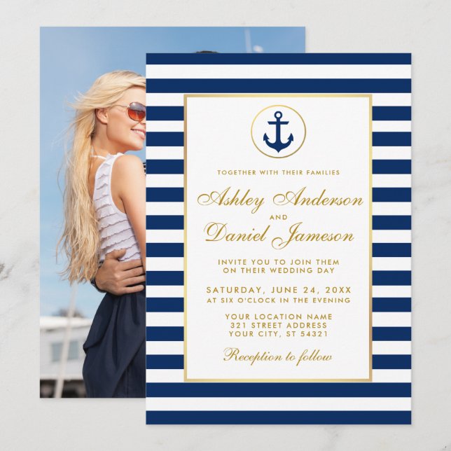 Mariage Bleu Bleu Bleu Grilles Invitation G Photo  (Devant / Derrière)