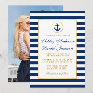 Mariage Bleu Bleu Bleu Rayures Invitation BG Photo