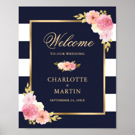 Mariage bleu bleu marine rose or Affiche de bienve