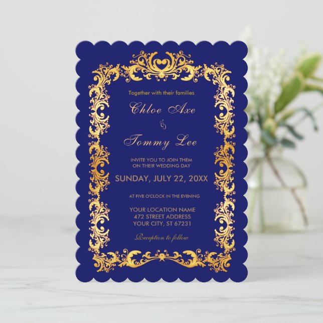 Mariage bleu Gold border Invitation (Debout devant)