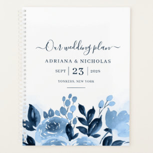 Mariage Bleu Nuit à l'Aquarelle Florale Script