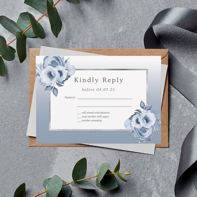 Mariage bleu poussiéreux flores chic argent RSVP (Créateur téléchargé)