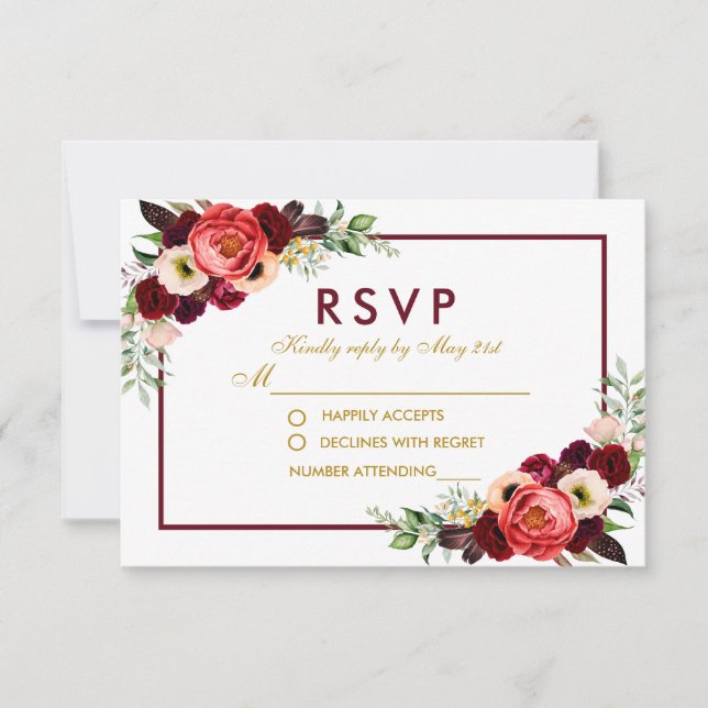 Mariage Boho Floral Bourgogne Or RSVP (Devant)