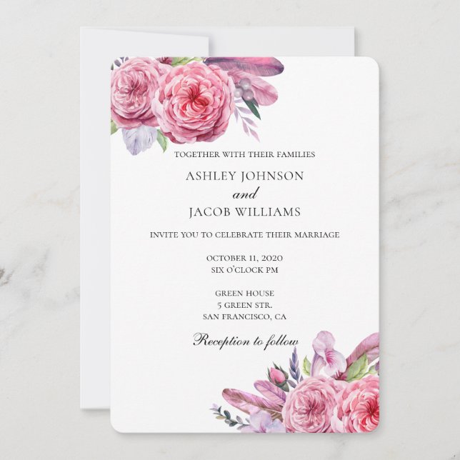 Mariage Boho. Invitation florale rose. Plumes (Devant)