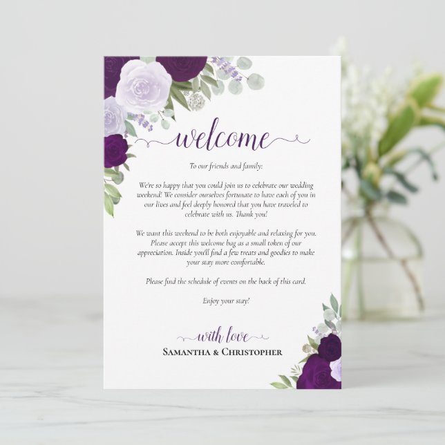 Mariage Boho Roses Violettes Bienvenue & Programme (Debout devant)