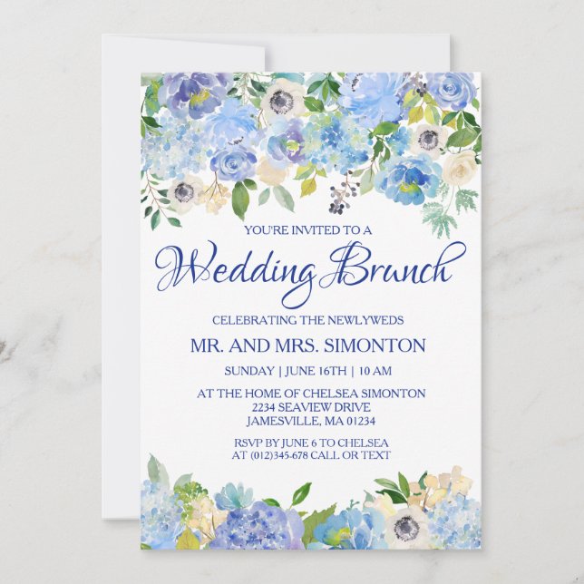 Mariage Brunch Invitations Floral bleu (Devant)