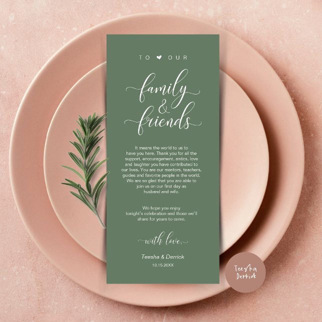 Mariage Cadre Merci Carte Classique Moderne (Modern Classy Wedding Dinner Place Setting Thank You Card, in Forest Sage Green)