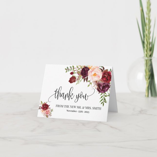 mariage carte de remerciements boho marsala floral (Devant)
