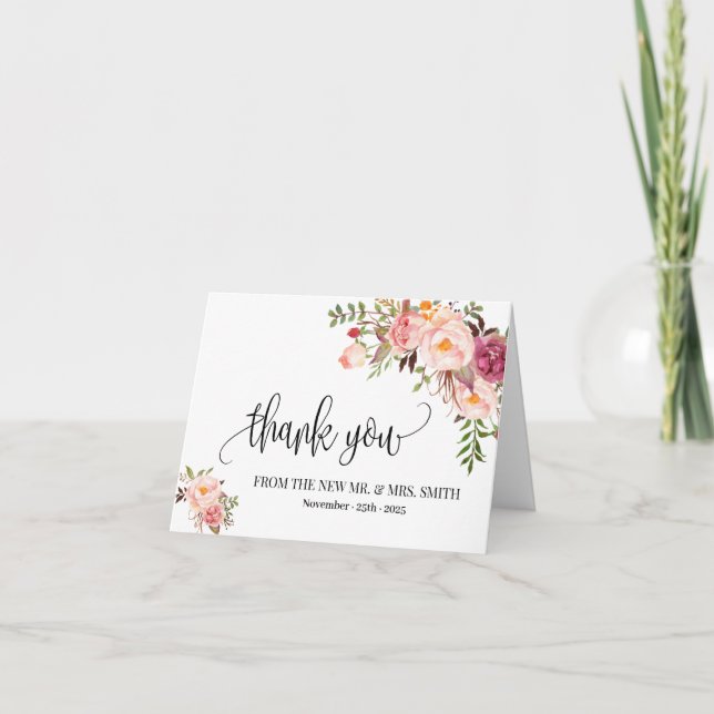 mariage carte de remerciements boho rose fleuri pl (Devant)