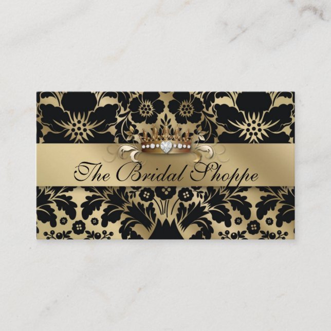 Mariage Carte de visite Damask Floral Gold Crown (Devant)