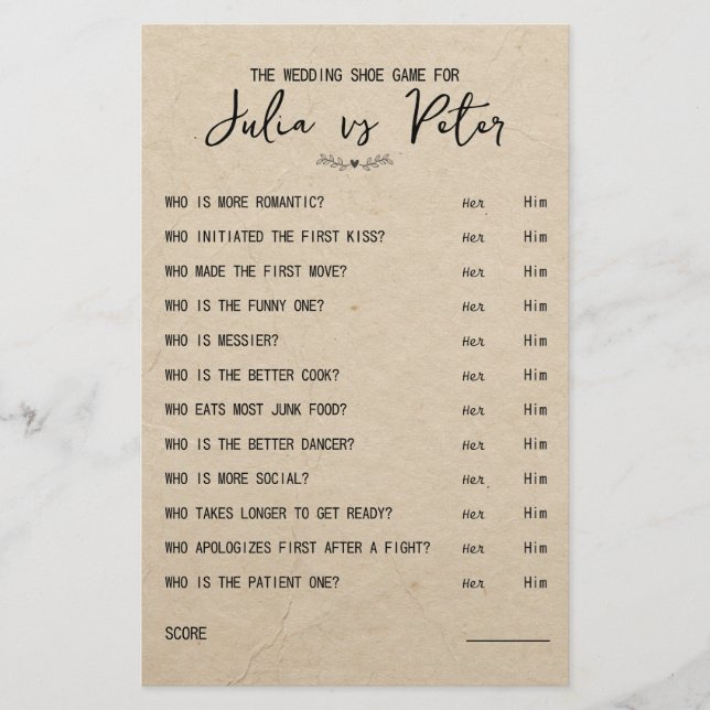 Mariage Chaussure Jeu Questions Papier Rustique (Devant)