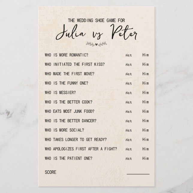 Mariage Chaussure Jeu Questions Papier Rustique (Devant)