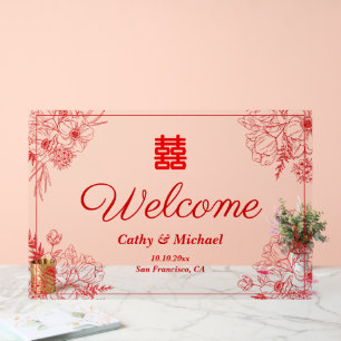 Mariage chinois cadre fleuri rouge oriental accuei