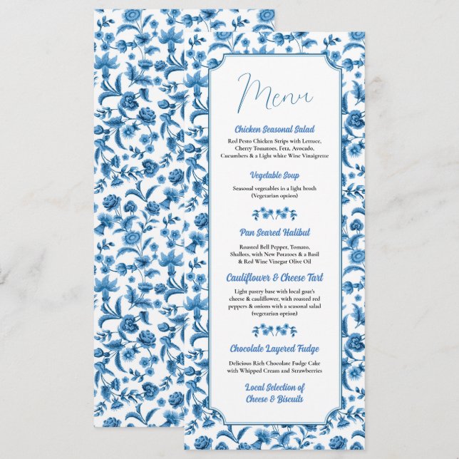 Mariage Chintz Blue & White Floral Ditsy Menu (Devant / Derrière)