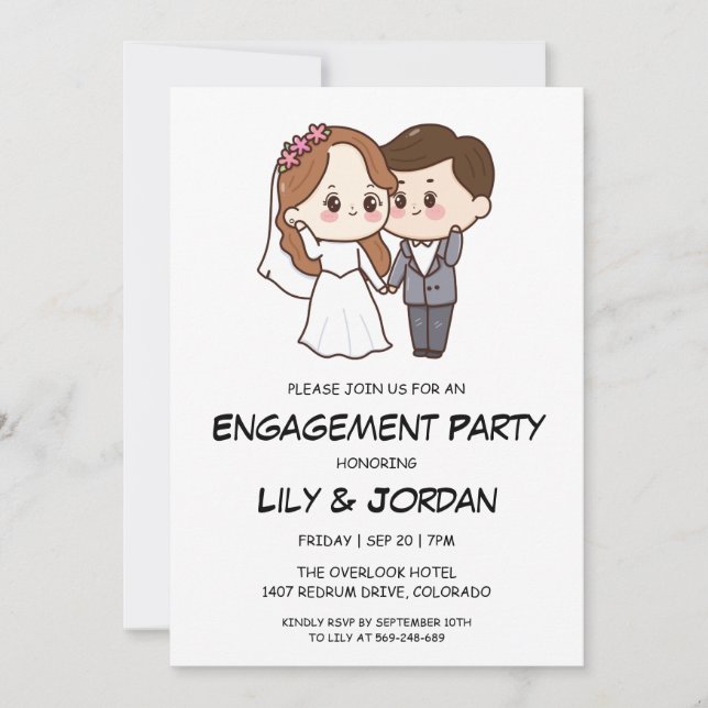 Mariage couple dessin animé fiançailles invitation (Devant)