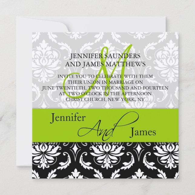 Mariage Damask Monogrammes Noms Invitation verte (Devant)