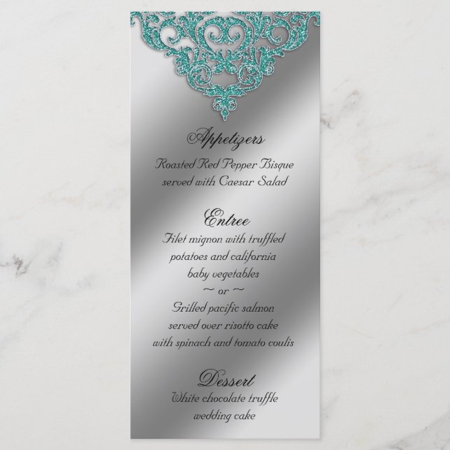 Mariage damassé Cartes de menu Étincelle Turquoise (Devant)