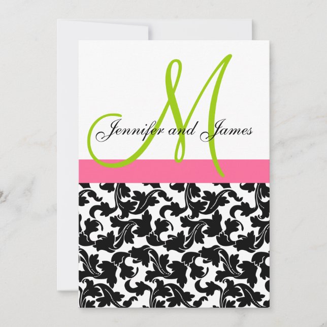 Mariage damassé Invitation Monogramme Rose vert (Devant)
