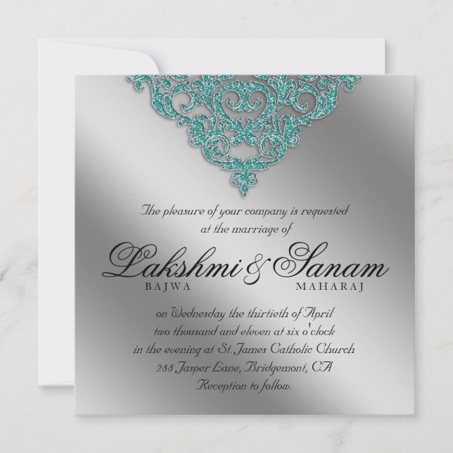 Mariage damassé Invitation Sparkle Silver Turquois (Devant)