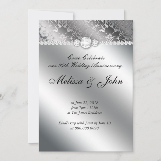Mariage d'argent Anniversaire Invitation Floral Da (Devant)