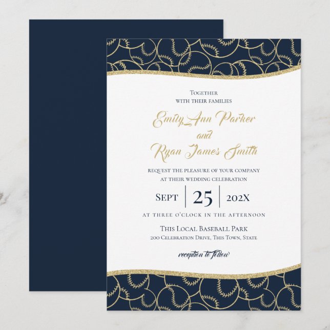 Mariage de baseball Gold et Blue Invitation (Devant / Derrière)