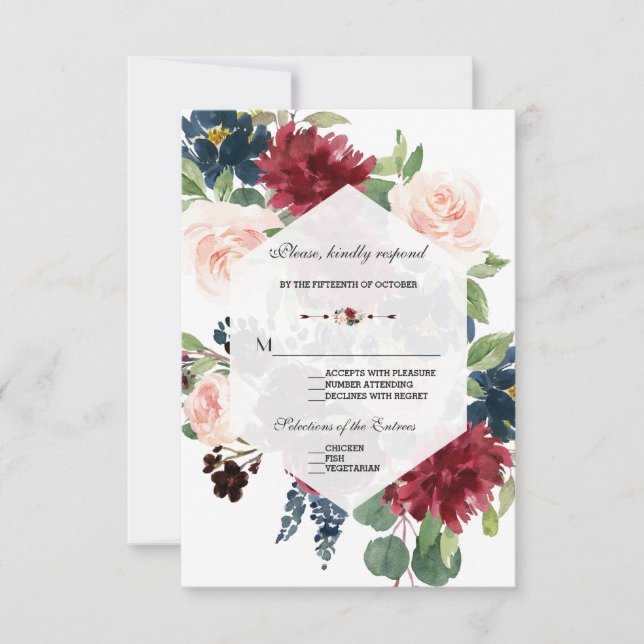 Mariage de cadre floral Chic Burgundy Navy RSVP (Devant)