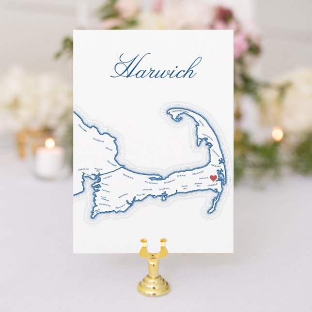 Mariage de Cape Cod Editable Carte de ville Harwic (Harwich Cape Cod Wedding Table Town Name Cards with elegant navy blue map for Wequassett Resort)